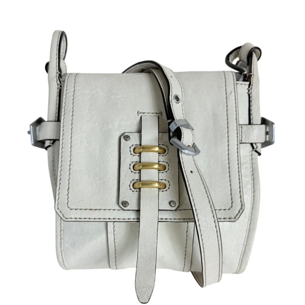 Oryany Leather Crossbody Saddle Bag Off White Retro Green Lining Adjustable Stra